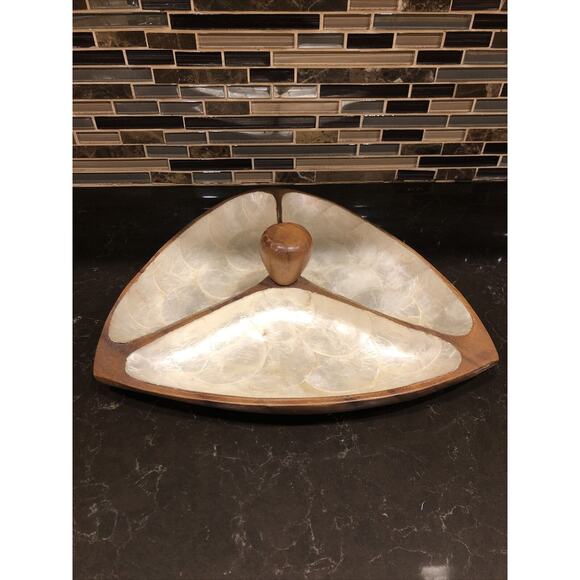 Vintage Acacia Wood & Capiz Shell 3 Compartment Section Serving Bowl Tray 12" - Picture 2 of 5